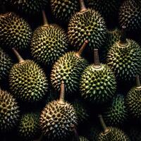 Realistic photo of a bunch of durians. top view fruit scenery.