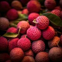 Realistic photo of a bunch of lychees. top view fruit scenery. AI Generated