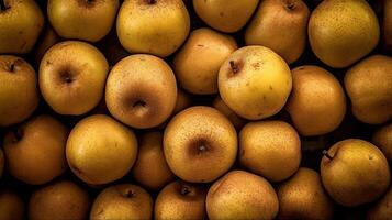 Realistic photo of a bunch of asian pears. top view fruit scenery. AI Generated