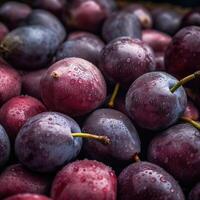 Realistic photo of a bunch of plums. top view fruit scenery. AI Generated