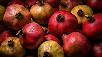 Realistic photo of a bunch of pomegranates. top view fruit scenery. AI Generated