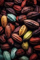 Realistic photo of a bunch of cacao. top view fruit scenery.