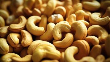 Realistic photo of a bunch of chasews. top view nuts scenery.
