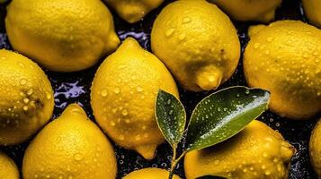 Realistic photo of a bunch of lemons. top view fruit scenery. AI Generated