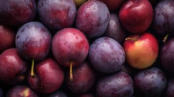 Realistic photo of a bunch of plums. top view fruit scenery. AI Generated