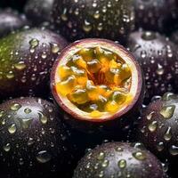 Realistic photo of a bunch of passion fruits. top view fruit scenery. AI Generated