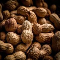 Realistic photo of a bunch of peanuts. top view nuts scenery. AI Generated