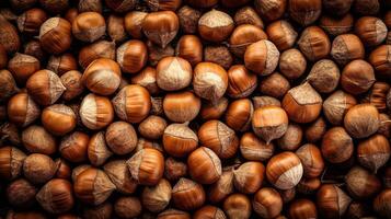 Realistic photo of a bunch of hazelnuts. top view nuts scenery.