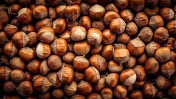 Realistic photo of a bunch of hazelnuts. top view nuts scenery. AI Generated