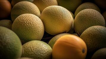 Realistic photo of a bunch of cantaloupe. top view fruit scenery.