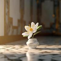 Realistic photo of a Tropical flower plant in a marble vase. with natural light condition.