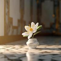 Realistic photo of a Tropical flower plant in a marble vase. with natural light condition. AI Generated