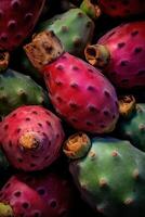 Realistic photo of a bunch of prickly pears. top view fruit scenery.