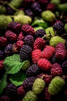 Realistic photo of a bunch of mulberries. top view fruit scenery. AI Generated