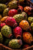 Realistic photo of a bunch of prickly pears. top view fruit scenery. AI Generated