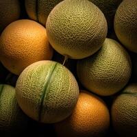 Realistic photo of a bunch of cantaloupe. top view fruit scenery. AI Generated