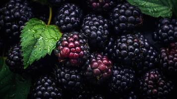 Realistic photo of a bunch of blackberries. top view fruit scenery. AI Generated