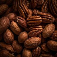 Realistic photo of a bunch of pecans. top view nuts scenery.