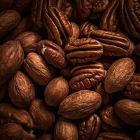 Realistic photo of a bunch of pecans. top view nuts scenery. AI Generated