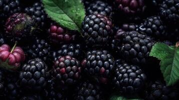 Realistic photo of a bunch of blackberries. top view fruit scenery.