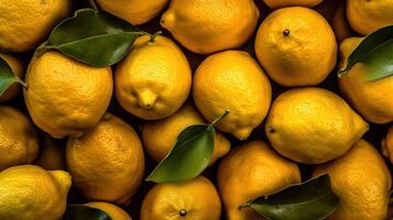 Realistic photo of a bunch of lemons. top view fruit scenery.
