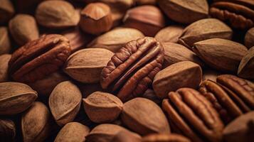 Realistic photo of a bunch of pecans. top view nuts scenery.