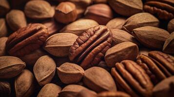 Realistic photo of a bunch of pecans. top view nuts scenery. AI Generated