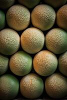 Realistic photo of a bunch of cantaloupe. top view fruit scenery.