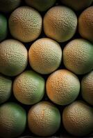 Realistic photo of a bunch of cantaloupe. top view fruit scenery. AI Generated