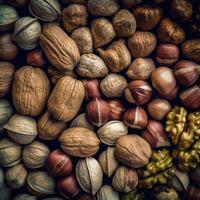 Realistic photo of different kind of nuts. top view nuts scenery.