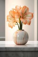 Realistic photo of a Tropical flower plant in a marble vase. with natural light condition. AI Generated