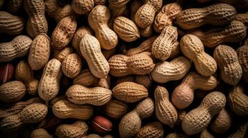 Realistic photo of a bunch of peanuts. top view nuts scenery. AI Generated