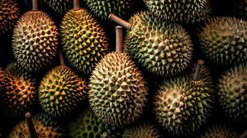 Realistic photo of a bunch of durians. top view fruit scenery.