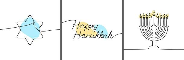 Happy Hanukkah one continuous line poster set vector illustration