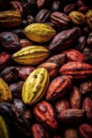 Realistic photo of a bunch of cacao. top view fruit scenery. AI Generated