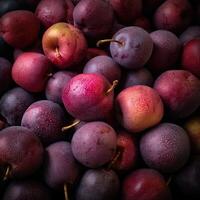 Realistic photo of a bunch of plums. top view fruit scenery.
