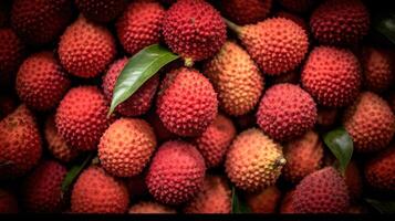 Realistic photo of a bunch of lychees. top view fruit scenery. AI Generated