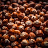 Realistic photo of a bunch of hazelnuts. top view nuts scenery.