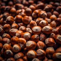 Realistic photo of a bunch of hazelnuts. top view nuts scenery. AI Generated