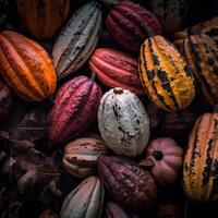 Realistic photo of a bunch of cacao. top view fruit scenery. AI Generated