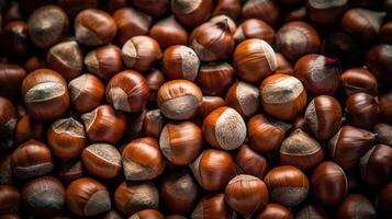 Realistic photo of a bunch of hazelnuts. top view nuts scenery.