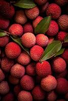 Realistic photo of a bunch of lychees. top view fruit scenery.