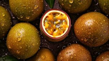 Realistic photo of a bunch of passion fruits. top view fruit scenery. AI Generated