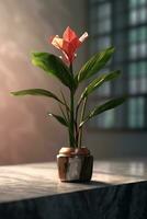 Realistic photo of a Tropical flower plant in a marble vase. with natural light condition. AI Generated