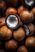 Realistic photo of a bunch of coconuts. top view fruit scenery.