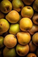 Realistic photo of a bunch of asian pears. top view fruit scenery. AI Generated