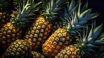 Realistic photo of a bunch of pineapples. top view fruit scenery. AI Generated