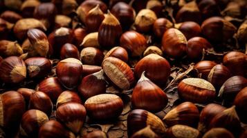 Realistic photo of a bunch of chestnuts. top view nuts scenery.