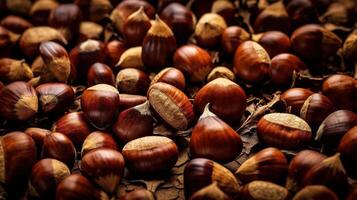 Realistic photo of a bunch of chestnuts. top view nuts scenery. AI Generated