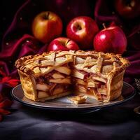 Realistic photo of Apple pie, surrounding by apple fruit. Close-Up Food Photography. AI Generated